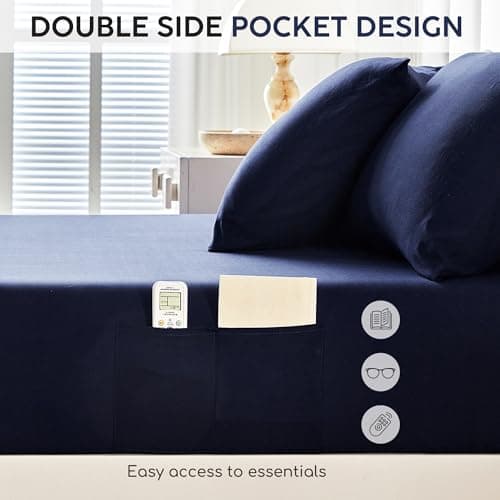 Tokokimo King Sheet Set 4 Piece, Super Soft Washed Cotton-Linen Feel Microfiber, 16" Deep Pocket Fitted Sheet, 1 Flat Sheet, 2 Pillowcases, Breathable Bed Sheets, Navy Blue - Thumbnail 5