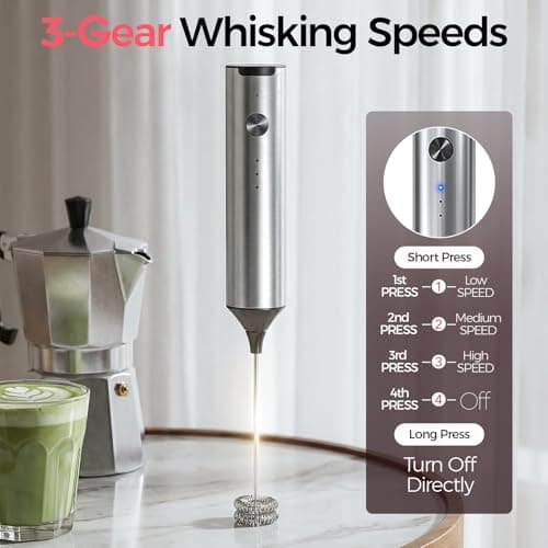 YARRAMATE Rechargeable Milk Frother, 3-Speed Electric Whisk, 2 Heads - Thumbnail 2