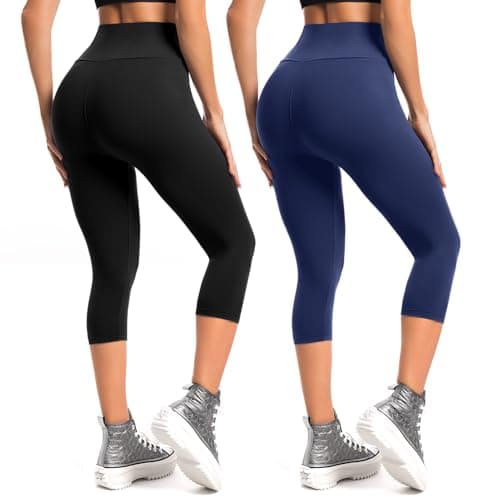 Leafigure 2-Pack Capri Leggings for Women, High Waisted Soft Yoga Pants for Gym Workout Black/NavyBlue XXL - Image 1