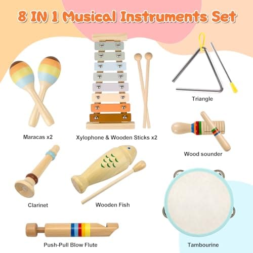Baby Musical Instruments-Montessori Wooden Toys for Toddlers 1-3 Neutral Colors Percussion Instruments Set with Modern Boho Xylophone for Kids Preschool Educational,Includes Storage Bag - Thumbnail 2