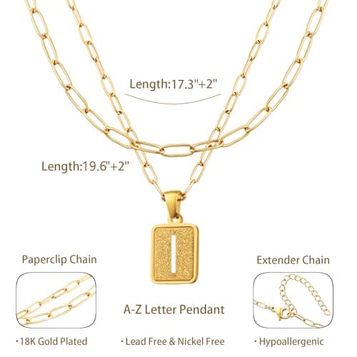 LETFLY Initial Gold Necklaces for Women, 18K Gold Plated Letter Layering Necklace Square Shaped Pendant with Adjustable Paperclip Chain for Womens Jewelry Gifts Alphabets I - Thumbnail 4