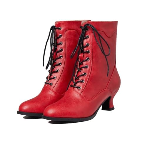 Yremael Women's Victorian Ankle Boots - Mid Calf, Round Toe, Chunky Heel, Lace Up Witch & Knight Boots in Red
