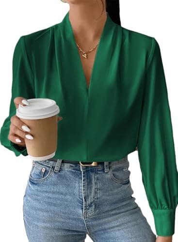EVALESS Womens Tops Work Interview Blouse Long Sleeve V Neck Office Shirts Business Professional Top Summer Dressy Casual Outfits Plus Size Spring Clothes for Women B Green XX-Large - Image 1
