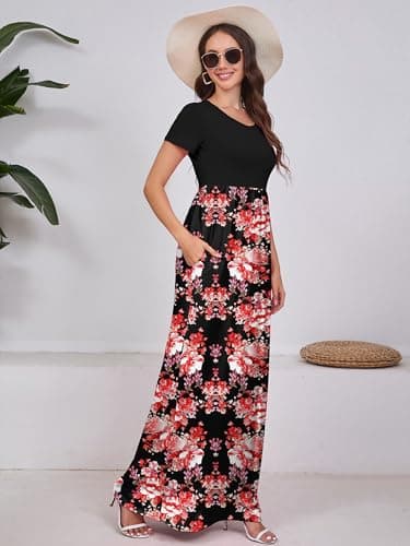 DEARCASE Women Long Dress Flower Red Black Medium Crewneck Boho Short Sleeve Maxi A-line Loose Casual Hawaiian Flowy Party Vintage Spring Summer Beach Dresses with Pockets - Thumbnail 5