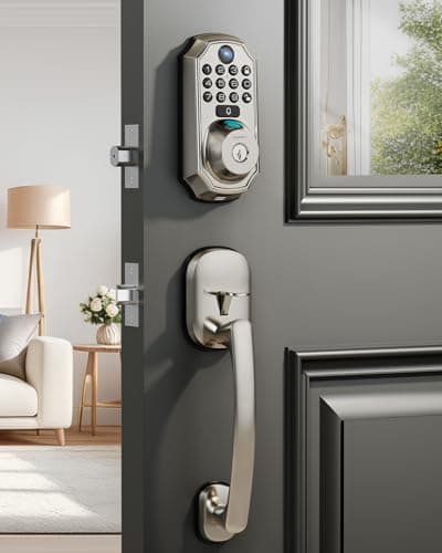 WiFi Smart Lock with Camera - Keyless Entry Deadbolt with Handle Set, 5-in-1 Camera+Doorbell+Fingerprint+Keypad, App Control, Auto Lock, Easy Install, Waterproof for Front Door, Satin Nickel - Image 1