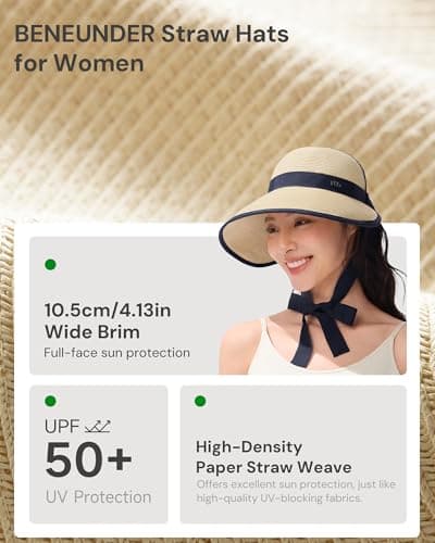 BENEUNDER Sun Visors for Women UPF50+ Foldable Wide Brim Straw Hats Packable Summer Ponytail Beach Hats for Travel - Thumbnail 2