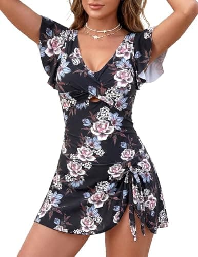 One Piece Swimdress Swimsuit for Women Tummy Control Ruffle Swim Dress Skirt Criss Cross Tie Back Bathing Suit Black Ink Flower M - Image 1