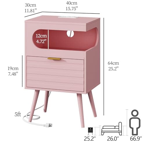 Veegle Nightstand with Charge Station,Modern Bedside Table with Storage Drawer and Open Wood Shelf, Accent Night Stand with Solid Wood Legs for Bedroom and Small Spaces (Pink) - Thumbnail 2