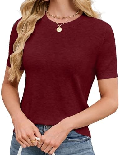 SunnyMelody Womens Short Sleeve Sweater Tops Wool Knit Cashmere Lightweight Cropped Crew Neck Elastic Hem Teacher Office Blouses Shirts Classic Work Casual Spring 2026 Wine Red S - Image 1