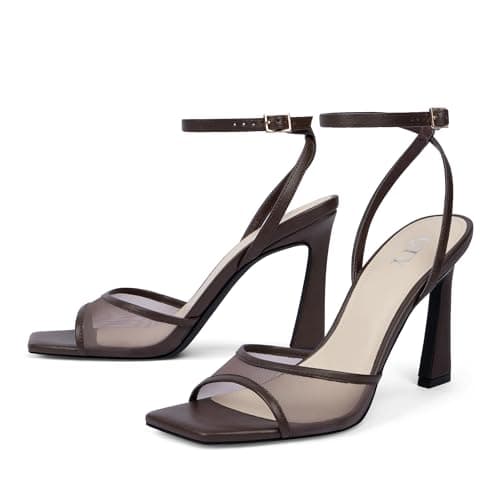 QIY Dark Brown Sandals for Women Ankle Strap Strappy Chocolate Mesh Heel Stiletto High Heels Square Open Toe 3 Inch Heels Summer Dress Shoes Size 6.5 - Thumbnail 5