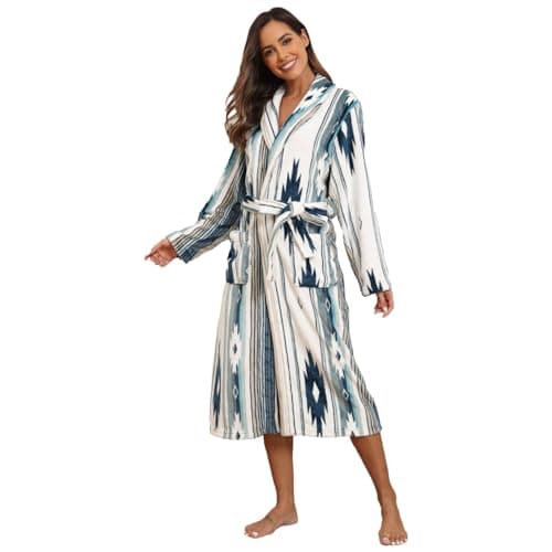 RONGTAI Womens Bathrobe Ladies Fleece Plush Warm Long Robes Fleece Nightgown Sleepwear (XX-Large, Geometric-green) - Image 1