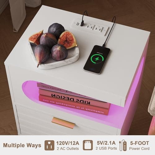 Veegle Nightstand with Charge Station,Modern Bedside Table with Storage Drawer and Open Wood Shelf, Accent Night Stand with Solid Wood Legs for Bedroom and Small Spaces (White) - Thumbnail 5