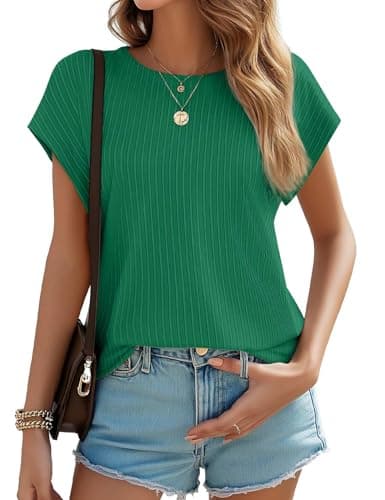 JUSTFASHIONNOW Womens Short Sleeve Tops Business Casual Tops for Women Crew Neck Basic Tees Textured Work Shirts Office Outfits(Green,XXL) - Image 1