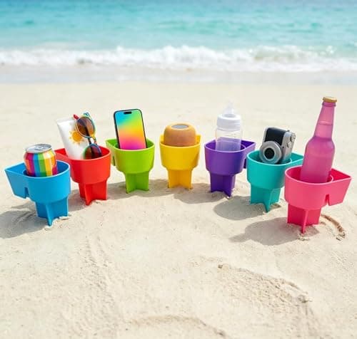 Home Queen Beach Cup Holder with Pocket, Sand Cup Holder for Drink Beverage Phone Sunglasses, Beach Vacation Accessories, Beach Trip Gifts, Multicolor 8 Piece Set - Thumbnail 5