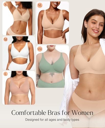 Wireless Bra Pushup Bras for Women Seamless Bras with Support and Lift Comfortable Bralettes No Underwire Comfy Deep V Tshirt Bra Nude - Thumbnail 5