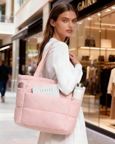 Moyad Puffer Tote Bag for Women, Quilted Work Bags with Compartments, Puffy Handbag for Everyday, Work, Travel, Gym, Pink - Thumbnail 2