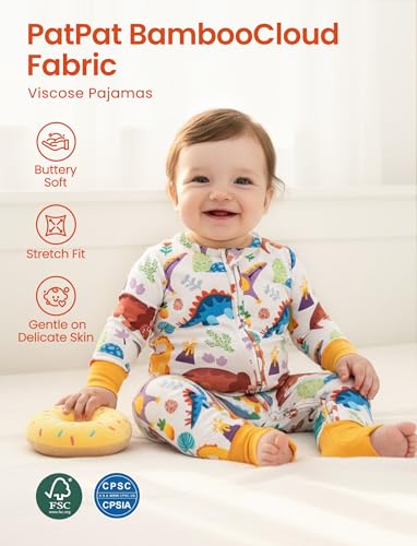 PATPAT Baby Pajama with Bamboo Viscose, Footie Jumpsuit Romper with 2-Way Zipper for Baby Boy Girl Toddler Sleeper Sleepwear, Dino Vibrant, Baby:6-9M - Thumbnail 2