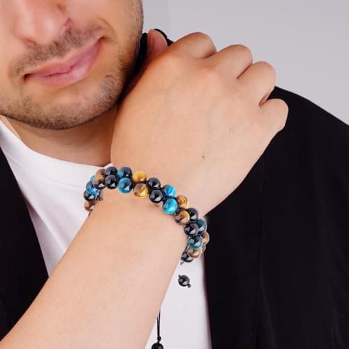 PAKUNDAS Handmade Triple Protection Bracelet,Bracelets for Men Women Natural Tiger Eye Jewelry Stone Hematite and Obsidian 8mm Crystal Bracelet - Adjustable Size with Premium Gift-Box - Thumbnail 2