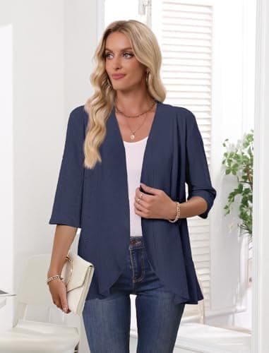 Askyes Women's Open Front Cardigan Plus Size 2026 Summer 3/4 Sleeve Draped Ruffles Eyelet Knit Beach Cardigan,Deep Blue,2XL - Thumbnail 5