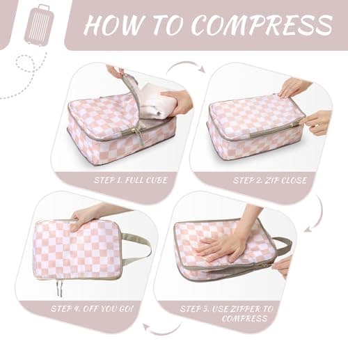 WOOMADA Compression Packing Cubes for Suitcases Travel Essentials 4 Set Expandable Travel Bags Organizer for Luggage(pink checkerboard) - Thumbnail 4