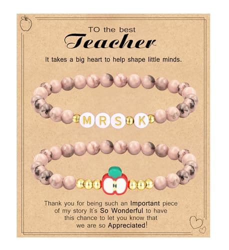 Btysun Valentines Day Gifts for Teacher, Teacher Appreciation Gifts for Women Initial Bracelet Mrs K Pink Beaded Bracelet Thank You Teachers Gift Letter Bracelets for Women - Image 1