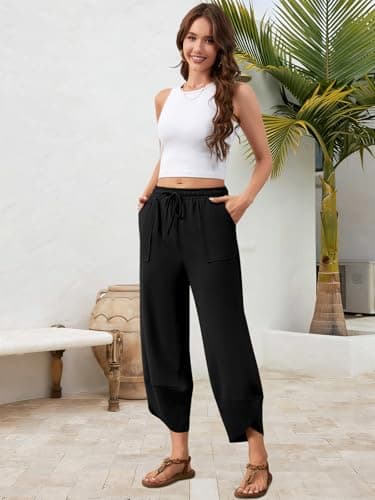 Jiflora Linen Pants for Women Wide Leg Barrel Baggy Palazzo Drawstring Elastic Waist Trousers with Pockets Black S - Thumbnail 5