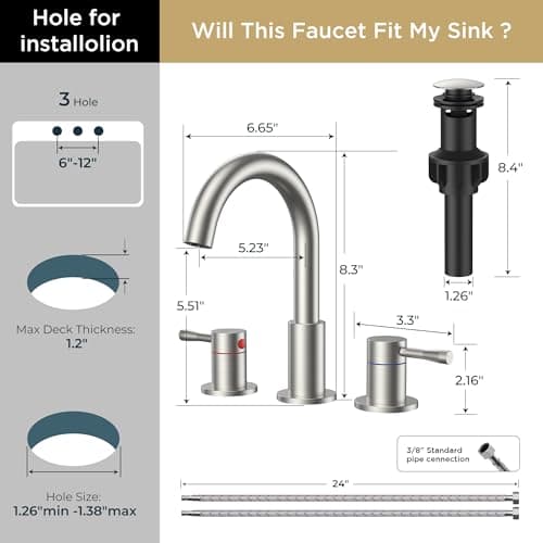 FORIOUS Brushed Nickel Bathroom Faucet 3 Hole, 360° Swivel 8 Inch Widespread Bathroom Sink Faucet with Pop Up Drain 2 Handle Faucets for Sink, Vanity, RV, Lavatory, Farmhouse - Thumbnail 2