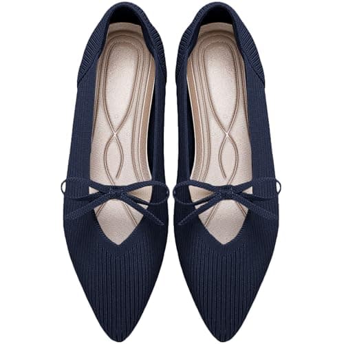 TINGRISE Women's Flats Mary Jane Pointed Toe Dressy Comfortable Knit Washable Ballet Flats Business Casual Dress Shoes Navy US6.5 - Image 1