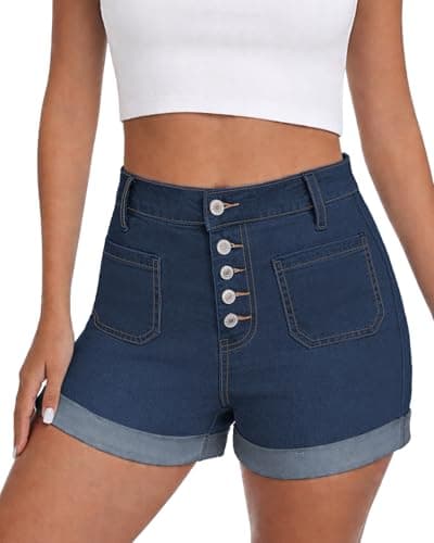 MARIASHA Jean Shorts Womens High Waisted Stretchy Jean Shorts for Women Trendy Button Fly Rolled Hem Denim Shorts Blue L - Image 1