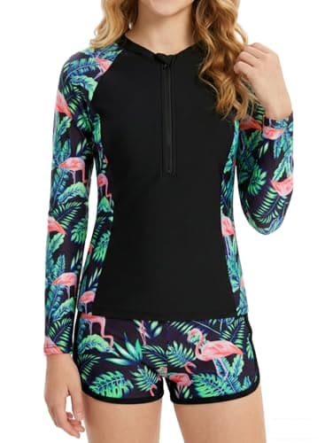 Dolxico Girls Rash Guard Swimsuits 2 Piece Long Sleeve Bathing Suits UPF 50+ Half Zip Printed Boyshorts for Teens Girls' Summer Swimwear Size 15-16 Years(Flamingo) - Image 1