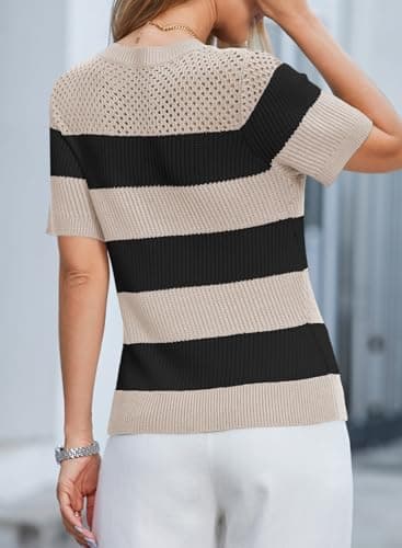 Dokotoo Summer Tops for Women Fashion Striped Short Sleeve Shirts 2026 Cute Color Block Round Neck Knitted Top Blouses Womens Casual Spring T Shirts Black Small - Thumbnail 2