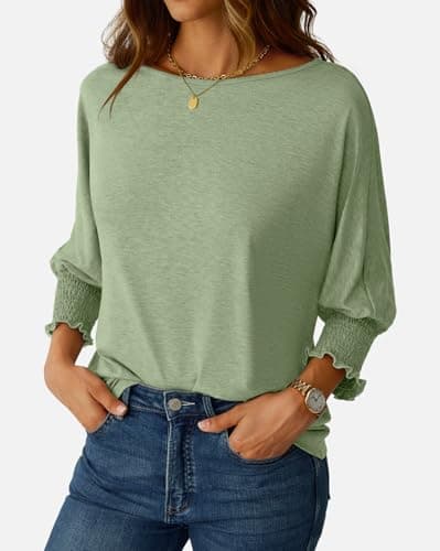 NORACORA 3/4 Sleeve Womens Tops Fall Clothes Casual Spring Summer Lightweight Loose Fit Basic Tunic Shirts Business Dressy Casual Blouses with Smocked Cuffs Grass Green XL - Thumbnail 3