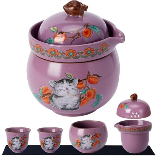 Mini Tea Cups,Cute Lucky Cat Cups,Small Tea Mugs,Porcelain Gongfu Tea set with 3 in 1,Tea Sets for Adults,Ceramic Tea Infuser Cup for Loose Leaf for Women/Tea Lovers/Birthday/Mother's Day (Purple) - Image 1