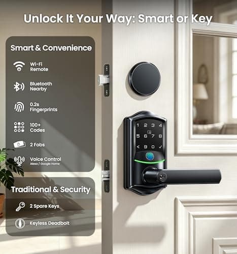 Veise VE029-E Wi-Fi Smart Lever Lock with Unkeyed Deadbolt Set, Fingerprint & APP Remote Control, Keyless Entry Door Lock for Front Door, Keypad Electronic Digital Knob, Double Locking, Matte Black - Thumbnail 2