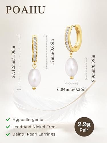 POAIIU Gold Pearl Earrings for Women, Pearl Drop Earrings 14K Plated CZ Pave Huggie, Pearl Hoop Earrings Bridesmaid Earrings Tarnish Resistant - Thumbnail 6