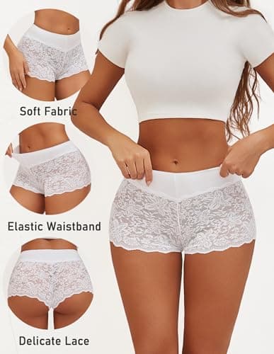 ALL OF SHE Lace Boyshort Sexy Underwear Womens Panties Cheeky Plus Size Lingerie Stretch Cotton Waistband S-3XL 5 Pack - Thumbnail 4