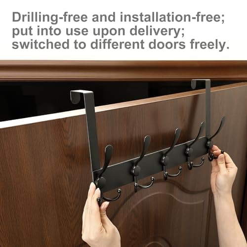 OIM OMIIOMIO No Drill, No Installation Over The Door Coat Rack with 15 Hooks - Door Hanger Organizer for Towels, Coats, Hats | Bathroom, Bedroom, Closet Storage Solution - Black - Thumbnail 3