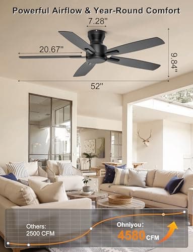 Ohniyou 52 Inch Ceiling Fan No Light, Low Profile Ceiling Fan with Remote and App Control, Flush Mount Ceiling Fan without Light for Bedroom Living Room Covered Patios, Quiet DC Motor, Black - Thumbnail 2