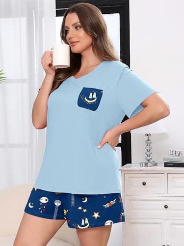 AusLook Plus Size Pajama Set for Women 2 Piece V Neck Short Sleeve Loungewear 2X Set with Pajama Printed Shorts Summer Sleepwear Loose Fit 1X-5X - Thumbnail 3