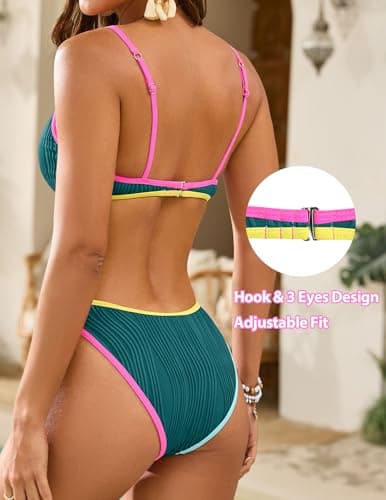 ZAFUL Swimsuits for Curvy Women Color Block Bathing Suit Ribbed Bright Swim Suits Scoop Neck Swimwear Peacock Blue S - Thumbnail 5