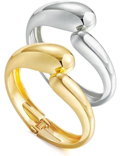 Gold Silver Chunky Bangles Bracelet for Women Trendy, 14K Gold Plated 2 Pcs Dainty Thick Cuff Bracelet Stack - Image 1