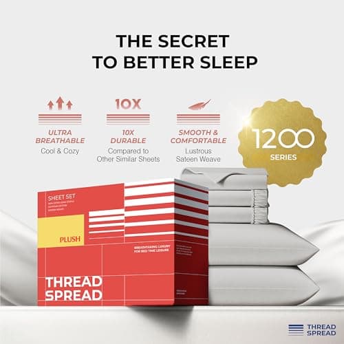 THREAD SPREAD 100% Egyptian Cotton Split King Sheets Sets for Adjustable Bed - Luxury 1200 Series Plush Collection Split Top King Sheets (5 PC, Light Grey), Soft, Cooling, 17" Deep Pocket Sheet Set - Thumbnail 5