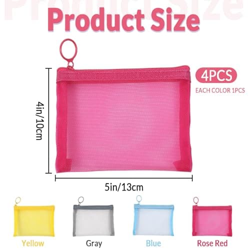 AOzT 4pcs Mini Mesh Makeup Bags - Small Zipper Mesh Makeup Bags Portable Cosmetic Pouch for Woman Purse Lipstick Keys Essentials Items Earphone Bank Cards Gray Pink Blue Yellow - Thumbnail 2