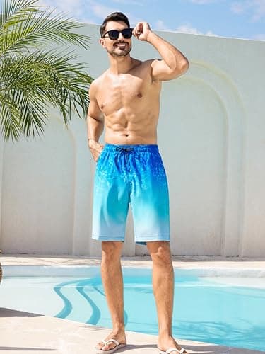 SILKWORLD Mens Swim Trunks with Compression Liner Quick-Dry 9" Stretch Beach Shorts, Blue Ripple, X-Large - Thumbnail 5