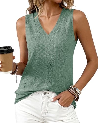 BTFBM Womens Tank Tops 2026 Summer Eyelet Crossed V Neck Sleeveless Casual Loose Fit Basic Spring Top Vacation Outfits(Sage Green, XX-Large) - Image 1