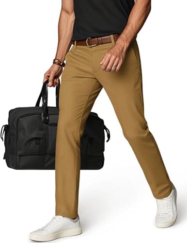 Mens Golf Pants Casual Stretch Classic Slim Fit Dress Pants Khaki Chinos Tapered Slacks Trousers Coffee M - Image 1