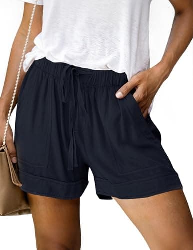 NILOINE Summer Linen Athletic Shorts for Women Drawstring Elastic Waist Shorts Pure Color Wide Leg Short Pants with Pockets(Navy Blue,Large) - Image 1