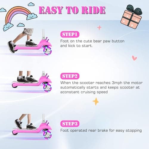 3 Wheel Electric Scooter for Kids Ages 2–8, LED Lighted Wheels, Extra Wide Anti-Slip Deck, 3 Adjustable Height Handlebars & Lean to Steer Technology, 80W Motor Scooter for Boys & Girls - Thumbnail 6