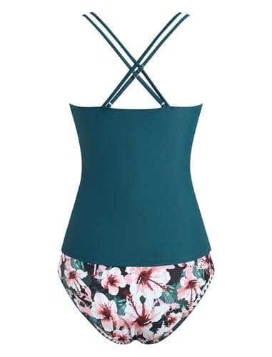 ZAFUL Tankini Swimsuits for Women V Neck Push Up Two Piece High Waisted Swimwear Color Block Tankini Swimsuit Modest Bathing Suit with Shorts (Blue Bloom XL) - Thumbnail 4