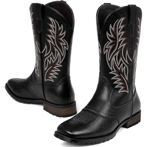 Tarkwa Cowboy Boots for Men, Western Men's Boots, Slip on Square Toe Boots, Slip Resistant Country Boots, Chunky Heel Ankle, Durable Short Boots for Spring Fall, Black Szie 9.5 - Thumbnail 4